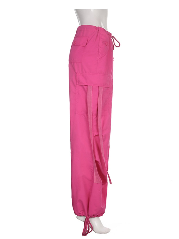 Oversized Cargo Pants 2023 Summer New Sweatpant Ribbon Low Rise Chic Pink Capris Casual Streetwear Womens Pants