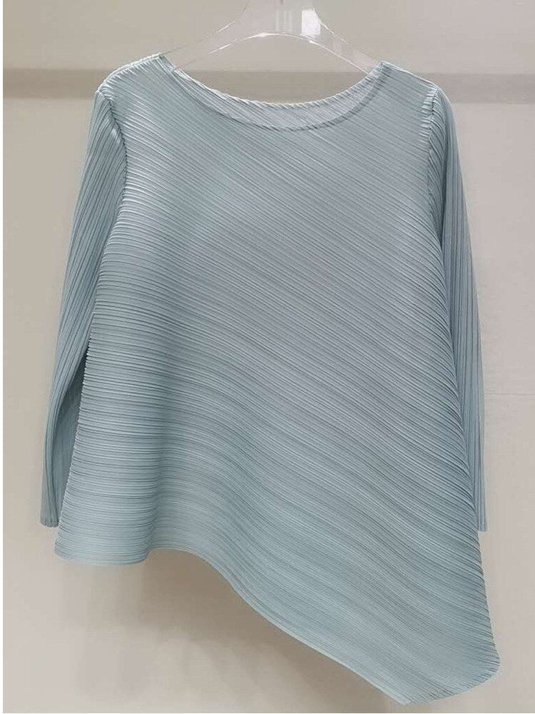 Irregular T-shirts For Women Round Neck Loose Three Quarter Sleeves Pleated Shirt 2023 Summer Female Fashion Top