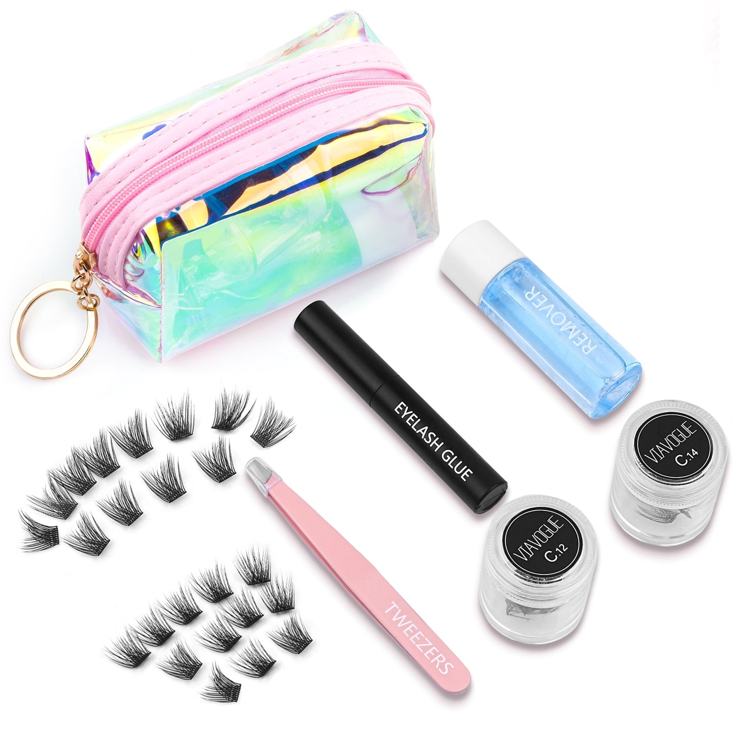 ETVITE DIY Eyelash Extension Kit With 3D Volume 12/14mm Lash Clusters Individual Lashes Coating Remover Tweezers Eyelash Glue