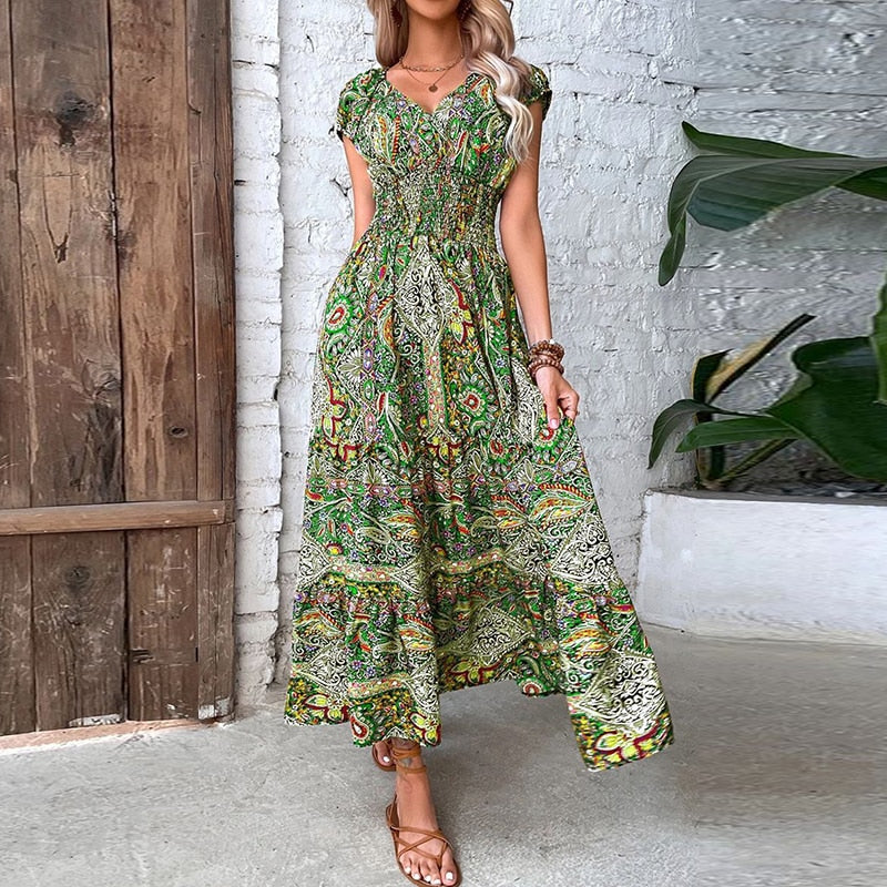 Women Vintage Print Maxi Dresses Summer Casual V Neck Short Sleeve Elastic Waist Dress Female Boho Beach Big Swing Long Dresses.