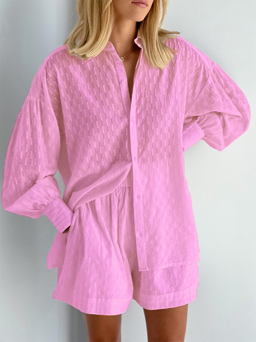 Women's Pajama Set Long Sleeve Ladies Summer Sleepwear 2 Pcs With Shorts Solid Pajama Suit for Female.