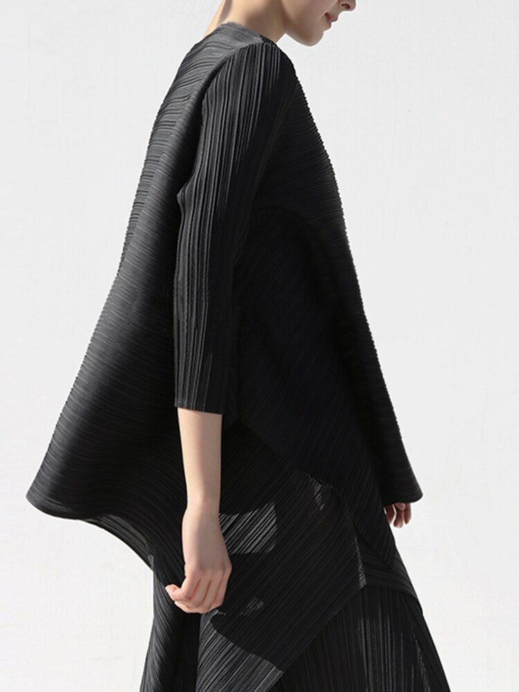 Women Pleated Irregular Long Sleeve T-shirt For Women Solid Color O-neck Loose 2023 Summer Female Fashion Clothing