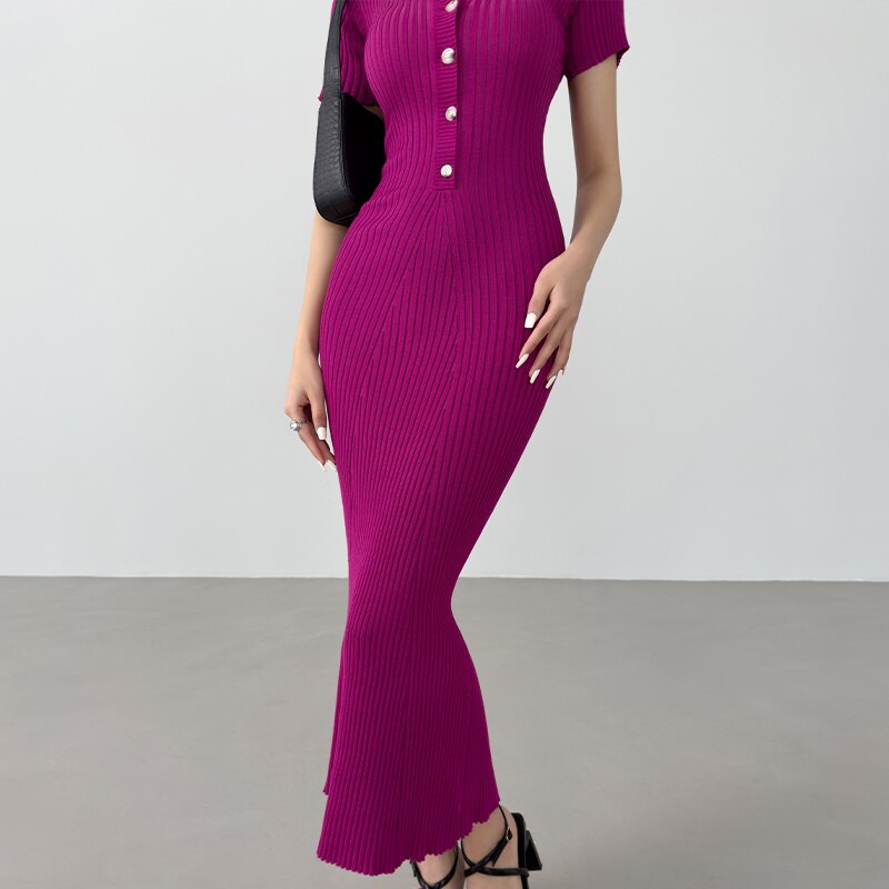 Summer Fishtail dress sweater Slim Casual Long Knitted Dress Polo Neck Short Sleeve