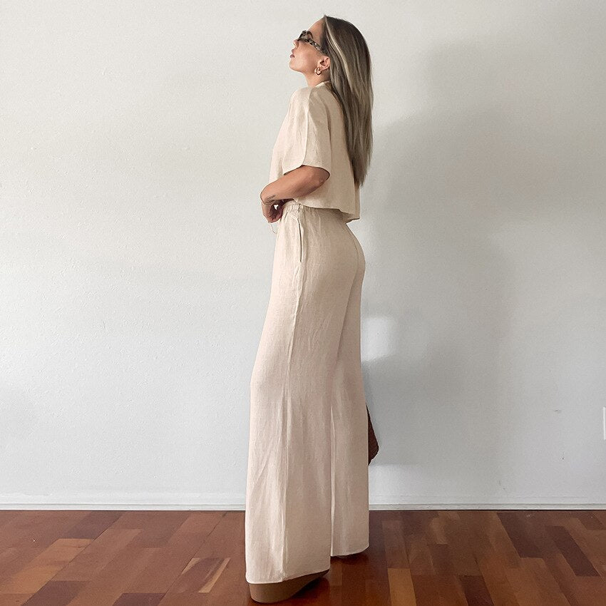 Cotton And Linen Summer Pajamas Two Pieces Set Solid for cool comfortable wear