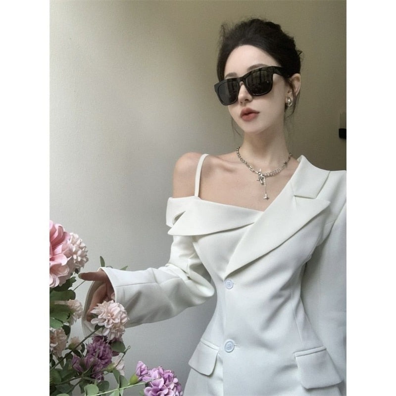 Chic Fashion Women Elegant Off Shoulder Dresses Spring 2023 Irregular Slim Button Up Blazer