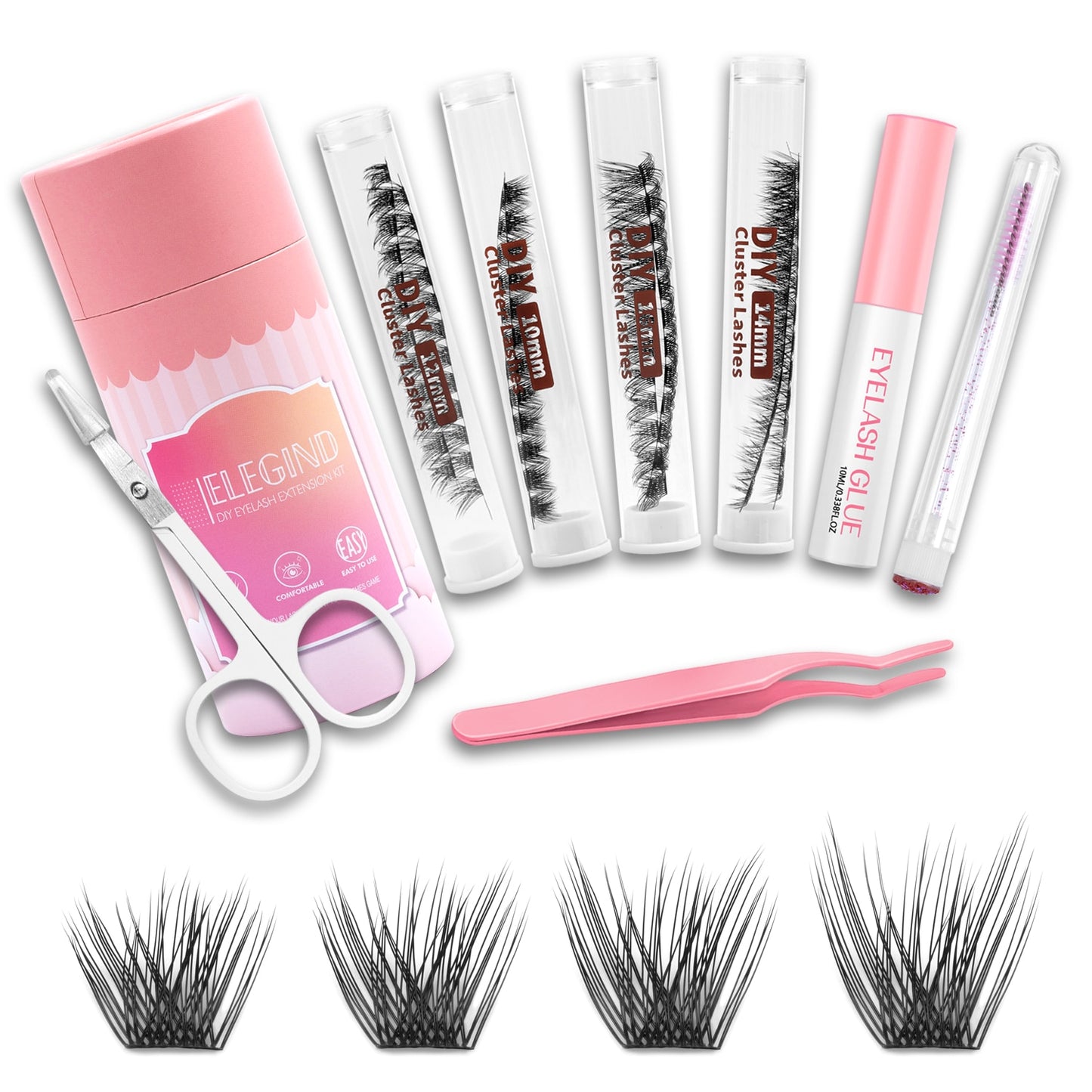 ETVITE DIY Eyelash Extension Kit With 3D Volume 12/14mm Lash Clusters Individual Lashes Coating Remover Tweezers Eyelash Glue