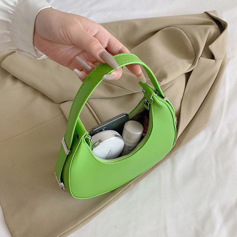 Half-Moon Green PU Leather Crossbody Bags for Women 2023 Luxury Designer Handbag and Purses Small Shoulder Bag Lady Travel Totes