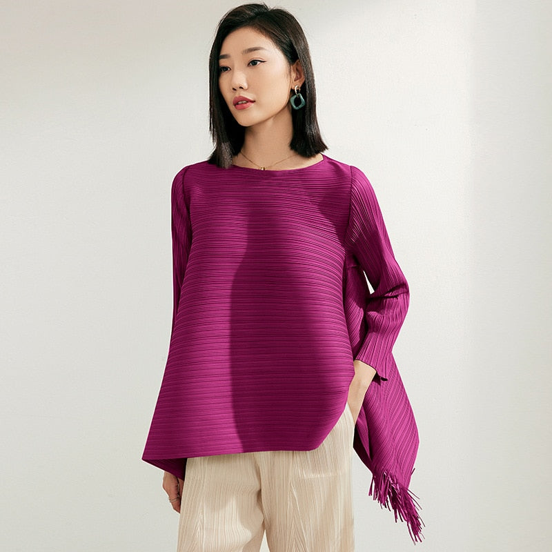 Pleated A-line Loose Thin Top Women's Design Small Fringe T-Shirt Long Sleeve Medium Length