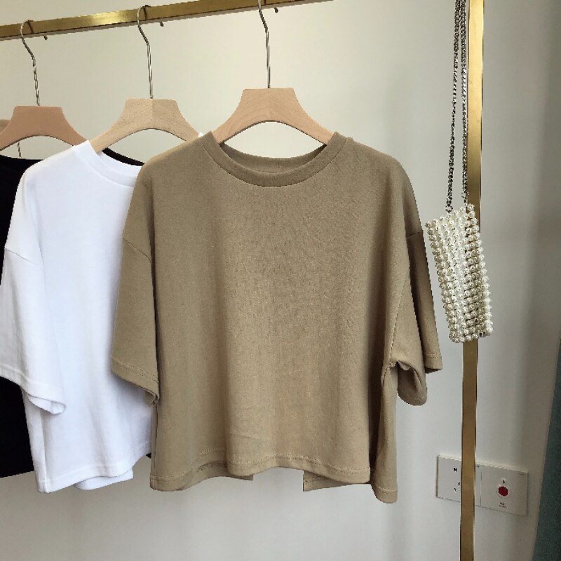 Open Back Short T-shirt Women Sweet Korean Style tshirt 2023 Summer New Round Neck Loose Short Sleeve Tee Tops