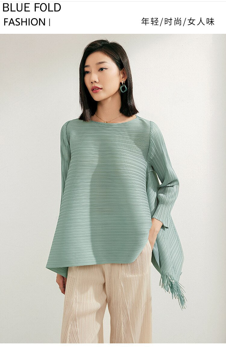 Pleated A-line Loose Thin Top Women's Design Small Fringe T-Shirt Long Sleeve Medium Length