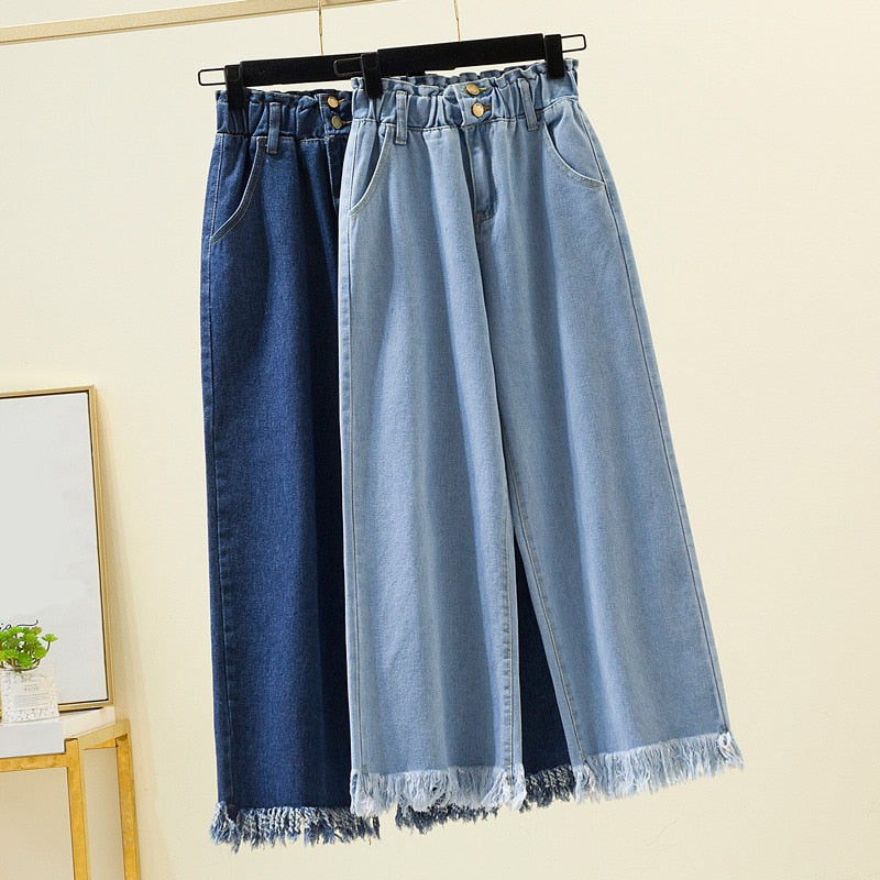 Women Jeans Casual Fashion Loose Wide Legs Elastic High Waist Thin Large Size
