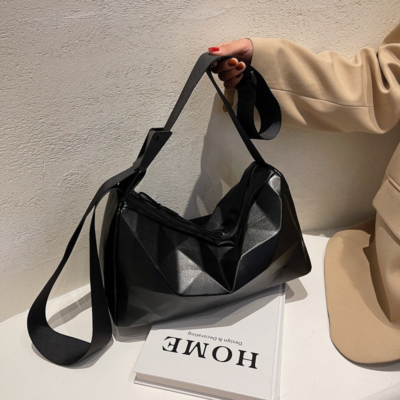 Geometric Pattern Large Bags for Women Pure Color Leather Girls Shoulder Bag