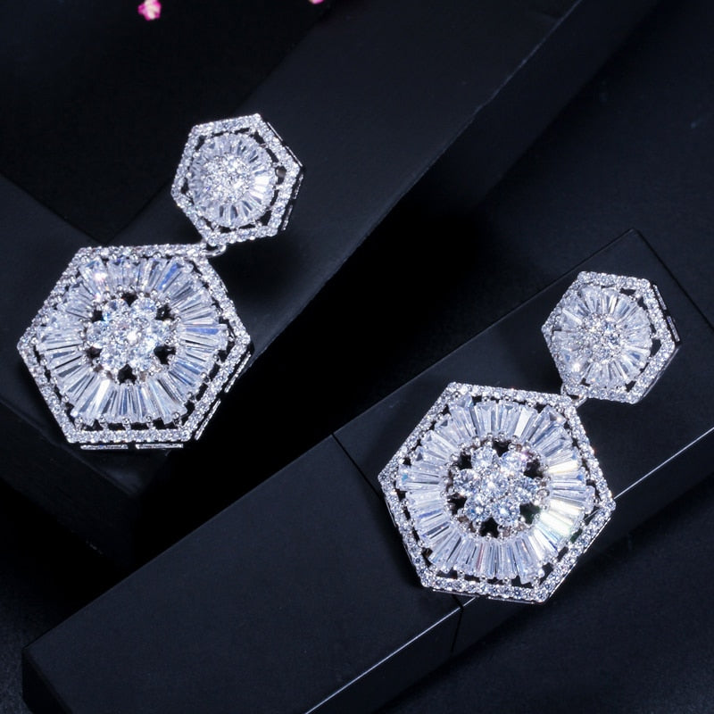Luxury Full White Earring for Women Sparkling Wedding Bridal Jewelry.