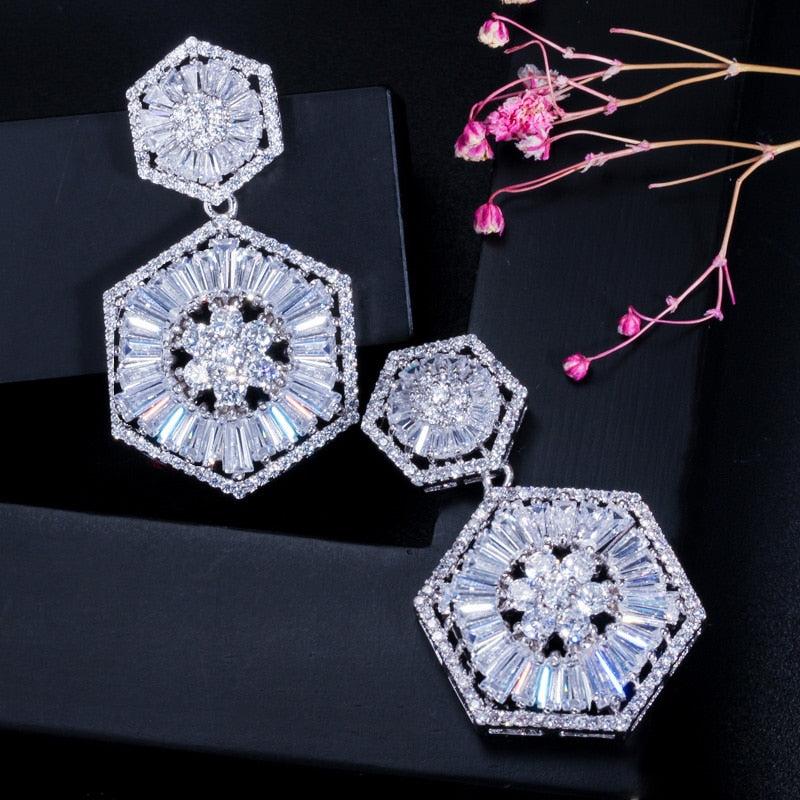 Luxury Full White Earring for Women Sparkling Wedding Bridal Jewelry.