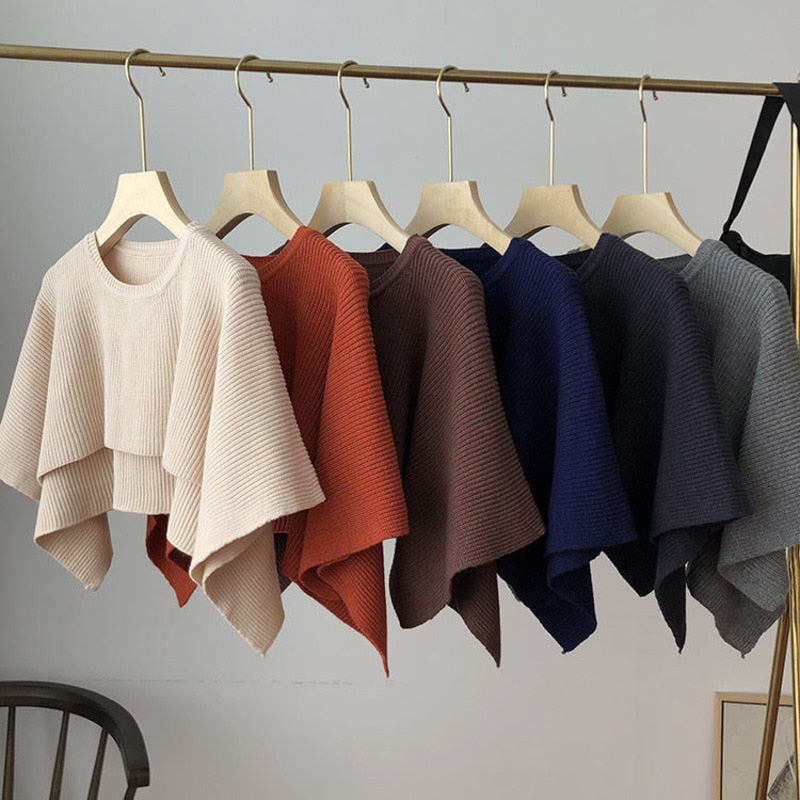 Knitted Cape Women Clothing O Neck Solid Short Tops Shawl Sweater Jumper 2023 Autumn Fashion Wild Knitted