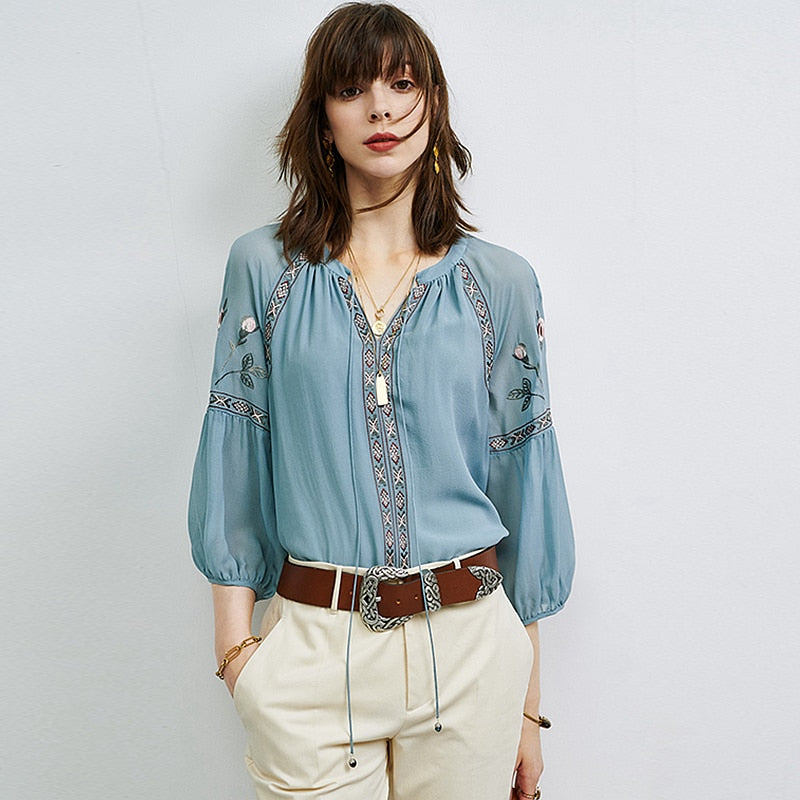100% Silk Blouse Women Vintage Embroidered Tie V Neck Lantern sleeve 2 Colors Elegant Casual Top
