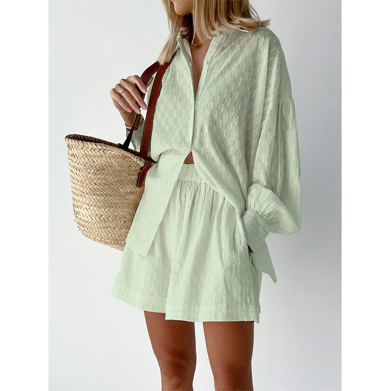 Women's Pajama Set Long Sleeve Ladies Summer Sleepwear 2 Pcs With Shorts Solid Pajama Suit for Female.