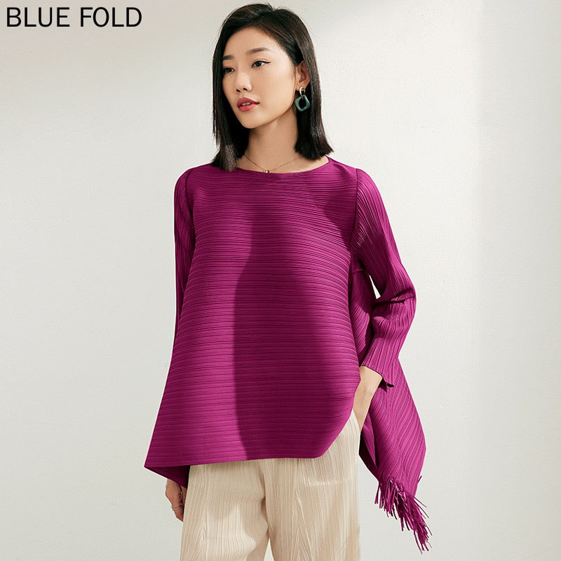 Pleated A-line Loose Thin Top Women's Design Small Fringe T-Shirt Long Sleeve Medium Length