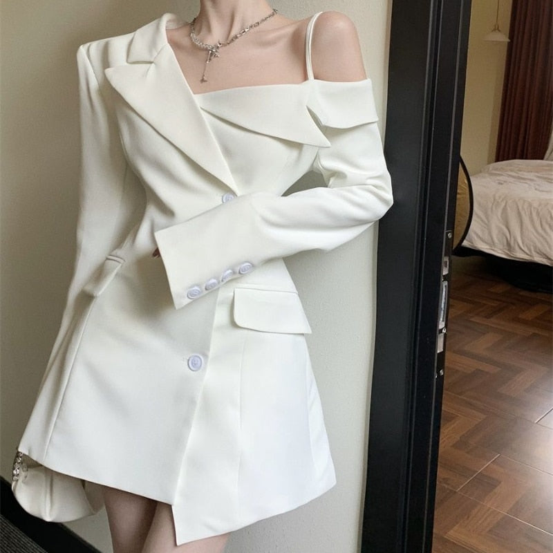 Chic Fashion Women Elegant Off Shoulder Dresses Spring 2023 Irregular Slim Button Up Blazer