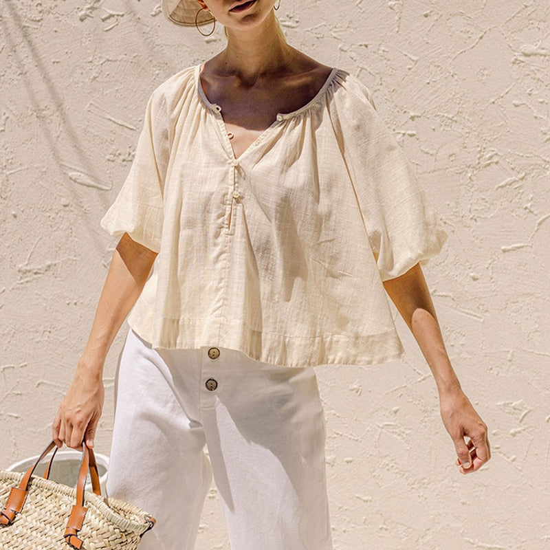 Retro Lantern Sleeve Women's T-Shirt Cotton And Linen Half Sleeve Tops