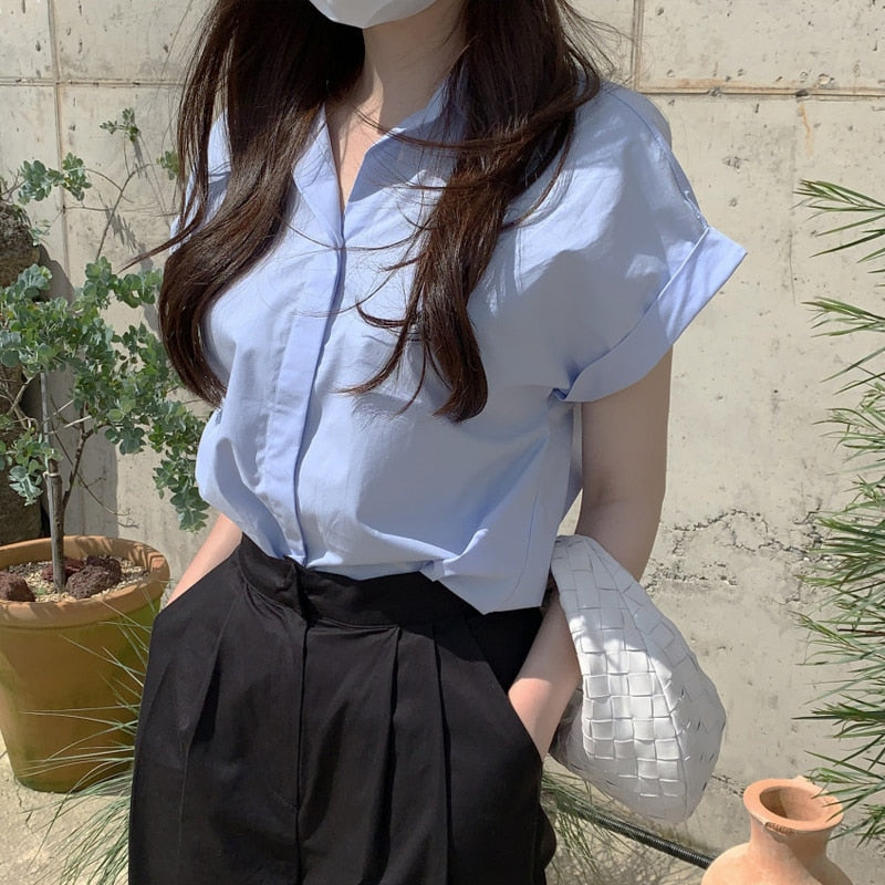 Casual Fashion Design Short-Sleeved Blue Shirt Women's Summer Top