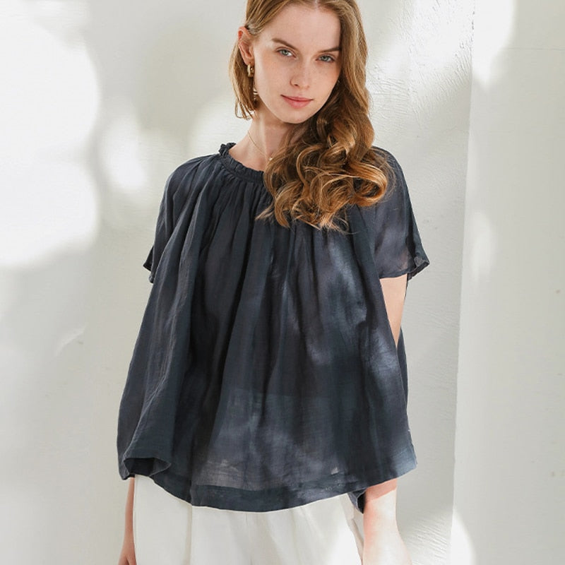 Simple Pleated Women Batwing Sleeve Loose Women Shirts 2023 Summer New Casual Solid Color Irregular Blouses
