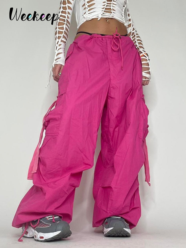 Oversized Cargo Pants 2023 Summer New Sweatpant Ribbon Low Rise Chic Pink Capris Casual Streetwear Womens Pants