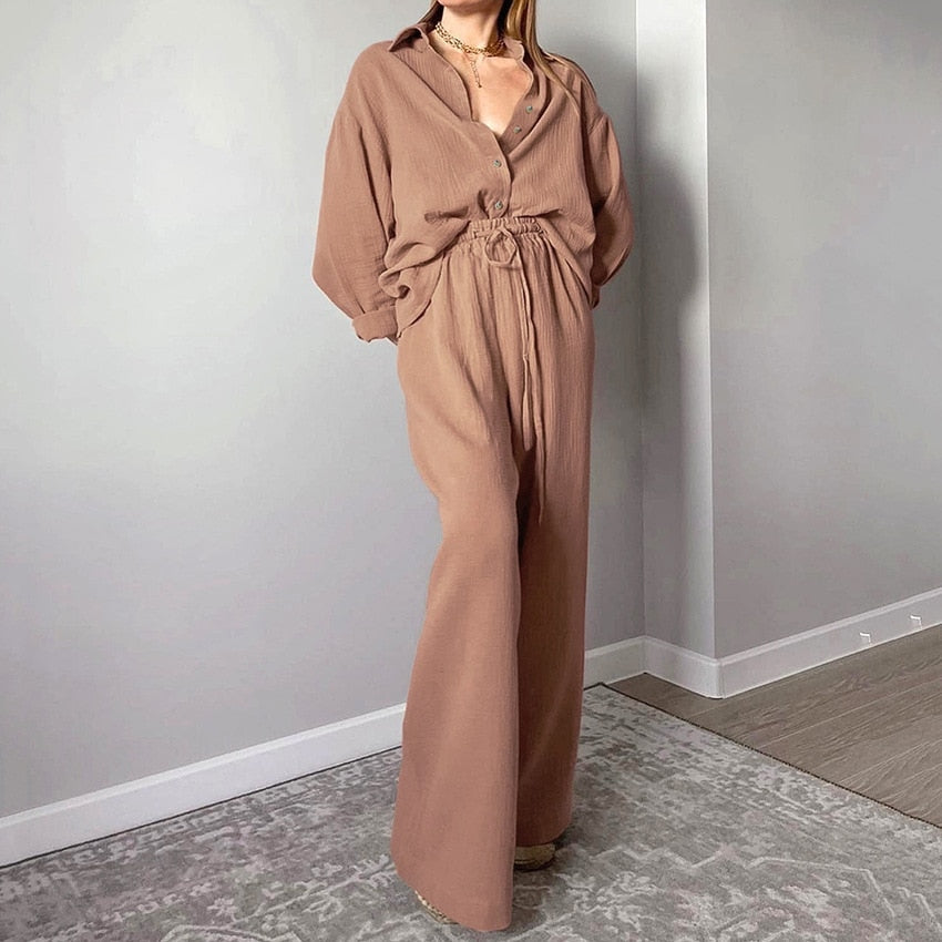 Women's Home Clothes Cotton Brown Long Sleeve 2 Piece Sets Sleepwear Loose Trouser Suits Casual Female Pajamas Autumn Product.