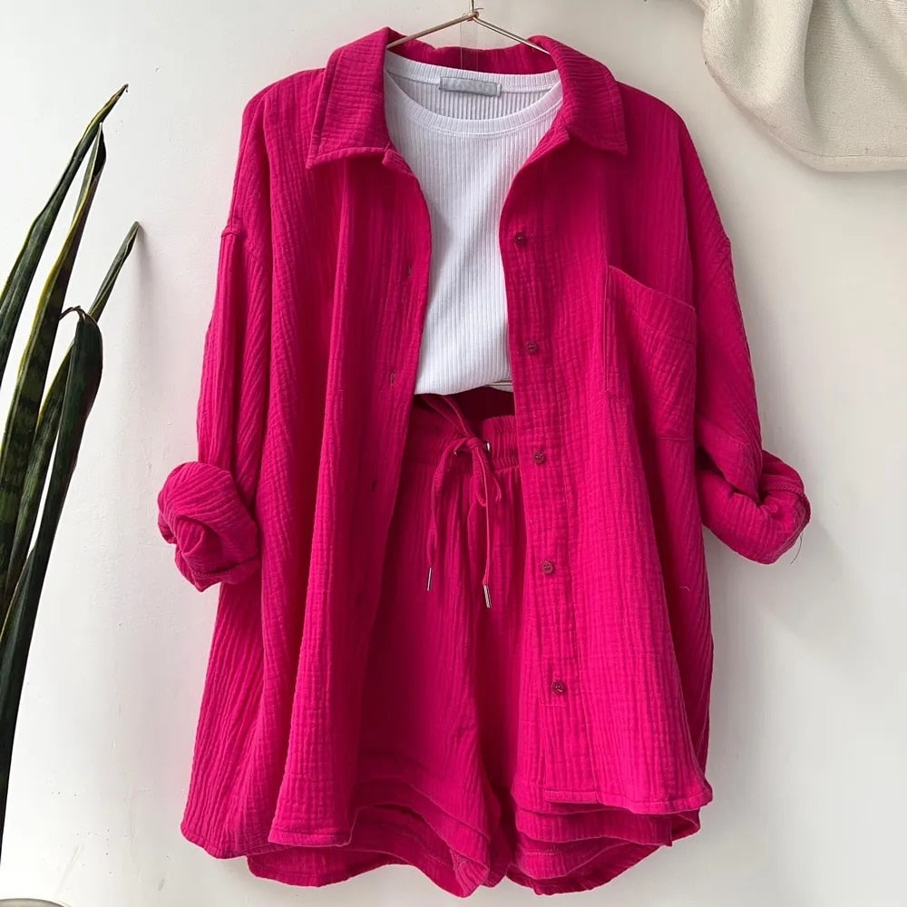 Solid Pleated Two Piece Set Pajamas for Women Summer Two Piece Suit Sleepwear Long Sleeve Short Sets Fashion Button Outfits
