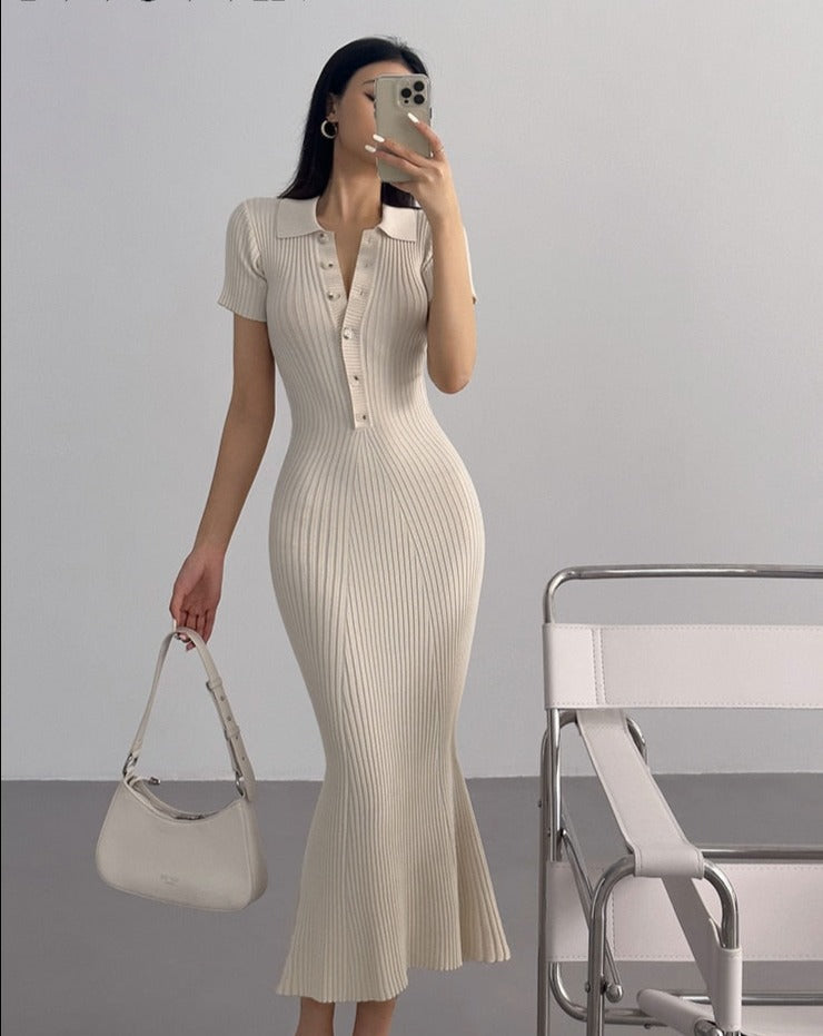 Summer Fishtail dress sweater Slim Casual Long Knitted Dress Polo Neck Short Sleeve