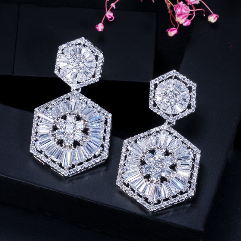 Luxury Full White Earring for Women Sparkling Wedding Bridal Jewelry.