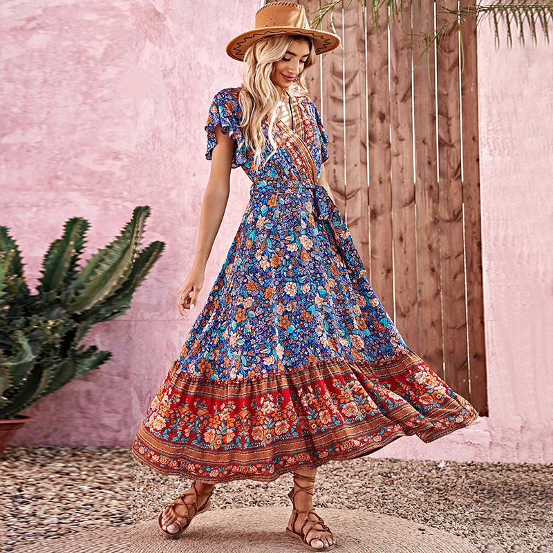 Summer Beach Floral Print Dress for Women Bohemian Elegant Ladies V-neck Short Sleeve Female Boho Hippie Maxi Dresses