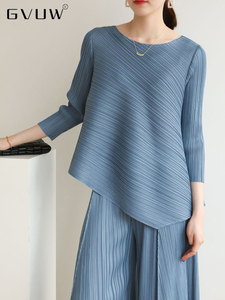 Irregular T-shirts For Women Round Neck Loose Three Quarter Sleeves Pleated Shirt 2023 Summer Female Fashion Top