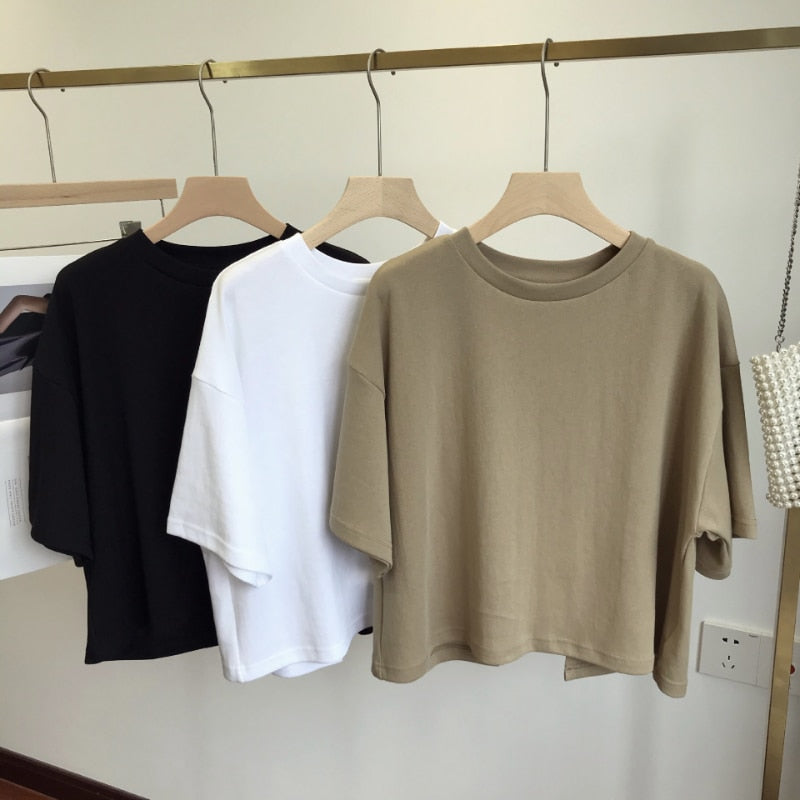 Open Back Short T-shirt Women Sweet Korean Style tshirt 2023 Summer New Round Neck Loose Short Sleeve Tee Tops