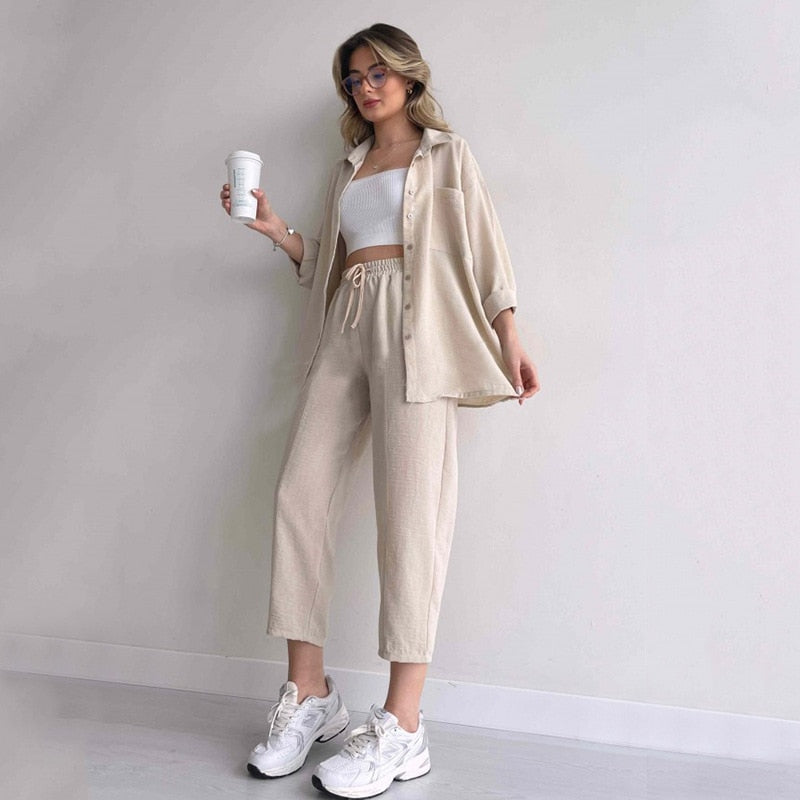 Large Size Women's 2023 Autumn New Casual Loose Shirt Jacket Nine-point Sports Haram Pants