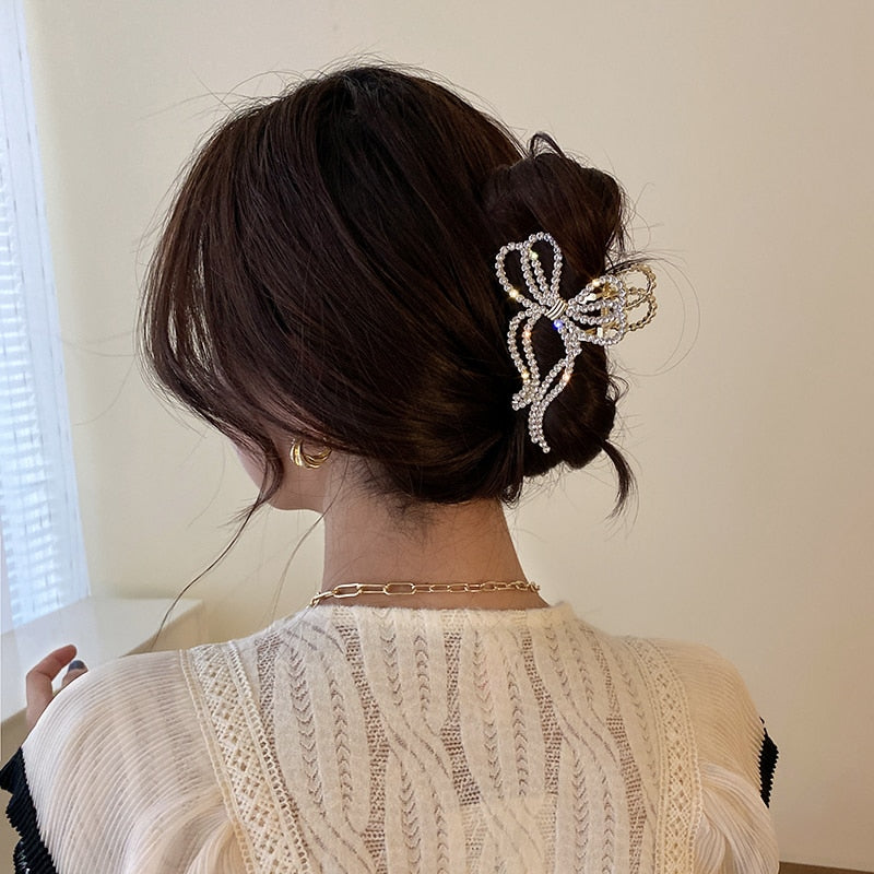Pearl Hair Claw Set Clip for Women Pearl Bow Hairpins Metal Hair Accessories Geometric Barrette Crystal Clip Big