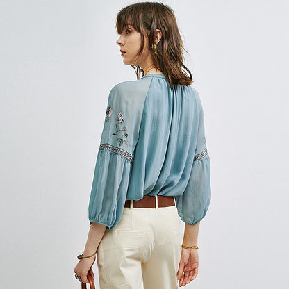 100% Silk Blouse Women Vintage Embroidered Tie V Neck Lantern sleeve  2 Colors Elegant Casual Top