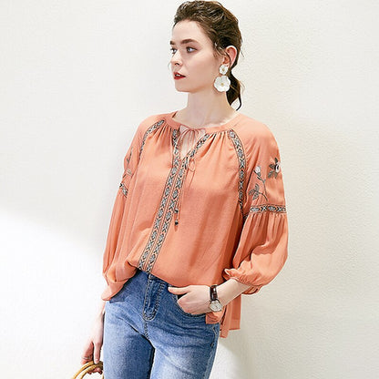 100% Silk Blouse Women Vintage Embroidered Tie V Neck Lantern sleeve  2 Colors Elegant Casual Top