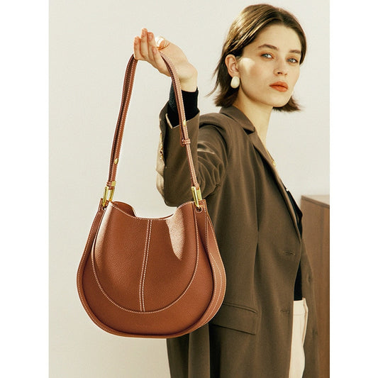 Genuine Leather Women's Shoulder Bags Fashion Retro All-match Classical Saddle Bucket Bag High-end Crossbody Handbag for Ladies