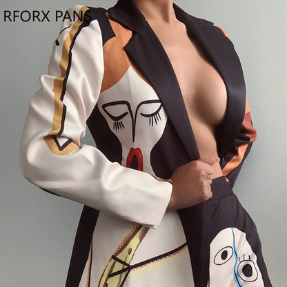 Women Elegant Turn Down Color cord set with Abstract Pattern Long Sleeves Blazer Jacket