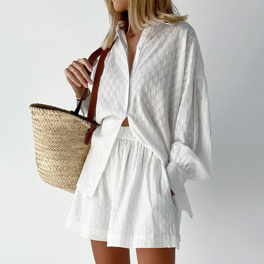 Women's  Pajama Set Long Sleeve Ladies Summer Sleepwear 2 Pcs With Shorts Solid Pajama Suit for Female.