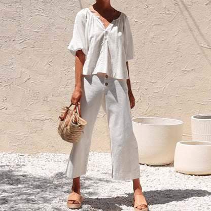 Retro Lantern Sleeve Women's T-Shirt Cotton And Linen Half Sleeve Tops
