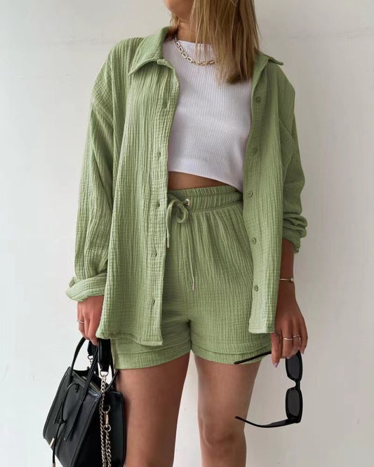 Solid Pleated Two Piece Set Pajamas for Women Summer Two Piece Suit Sleepwear Long Sleeve Short Sets Fashion Button Outfits
