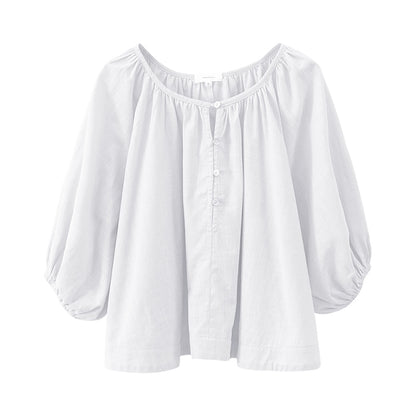 Retro Lantern Sleeve Women's T-Shirt Cotton And Linen Half Sleeve Tops