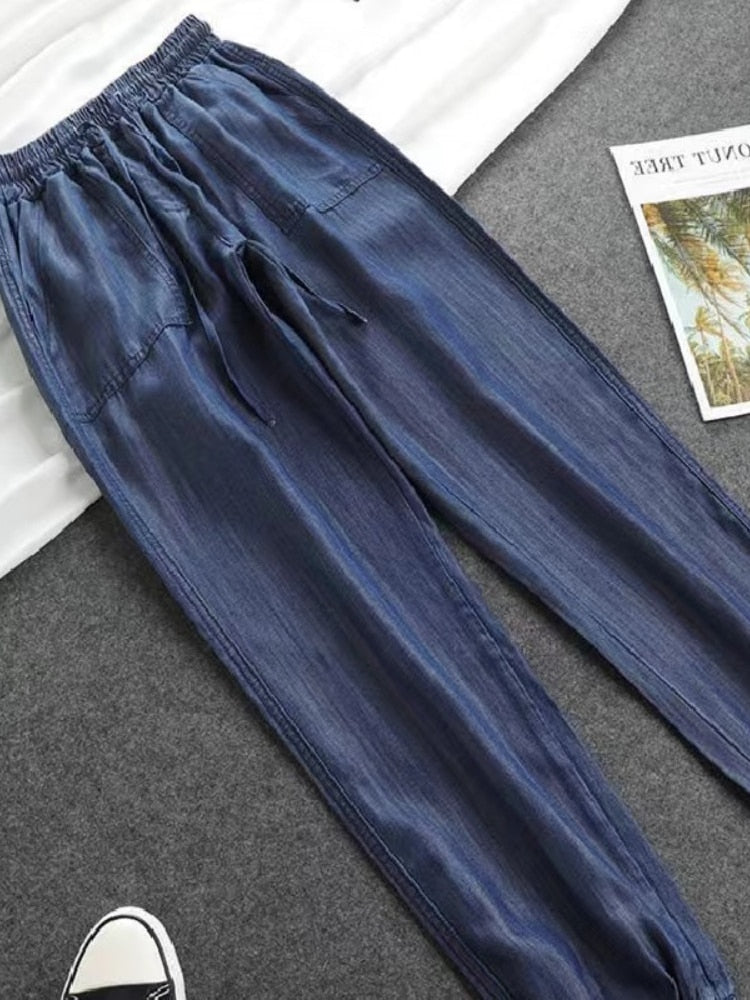 Women Pants Summer New 2023 Thin High Elastic Woman Jeans Oversize Trousers Soft Cool Female Casual Denim Pants
