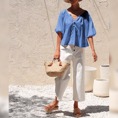 Retro Lantern Sleeve Women's T-Shirt Cotton And Linen Half Sleeve Tops