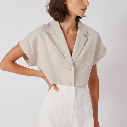 100% linen -Batwing sleeve with drop shoulder Solid color Vintage Notched Collarr